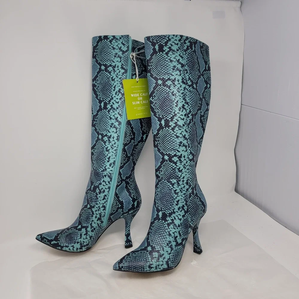 Gianni Bini Punk Lennoxe Teal Waters Snake Print Leather Tall Boots Calf 8M NEW - Picture 5 of 16